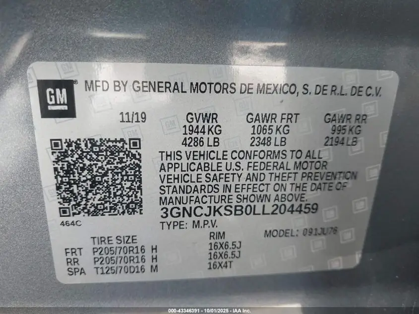 2020 CHEVROLET TRAX VIN 3GNCJKSB0LL204459 foto 6